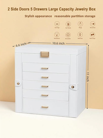 BOOVO Jewelry Box For women, 6 Layer Large Jewelry Organizer With Mirror, Multi-Function Storage Box With Lock, Necklace Holder With 5 Drawers, For Earrings Necklace Bracelet (White and Gold)