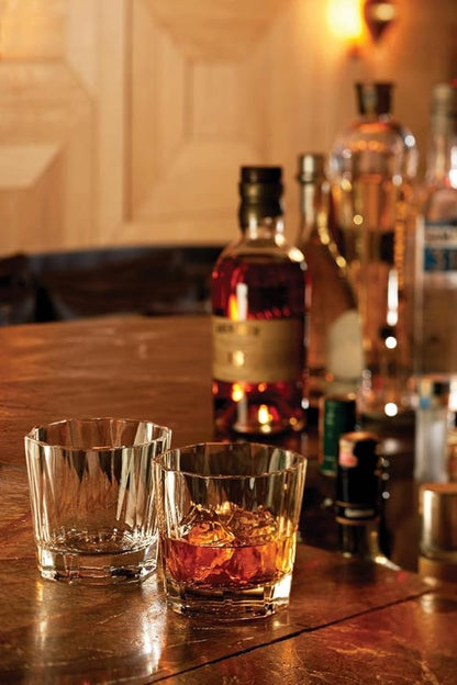 NUDE Whiskey Glasses Set of 4 – Hemingway 11.25 oz Lead-Free Crystal Old Fashioned Lowball Rocks Glasses for Whisky, Scotch, Bourbon & Tequila – Linear Pattern with Optical Effect, Dishwasher Safe