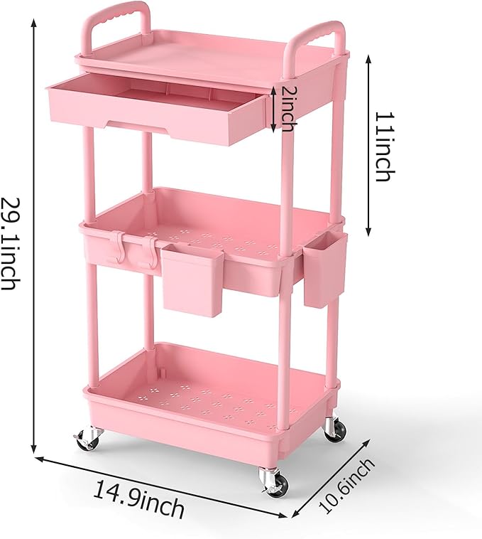 LLMRR 3 Tier Rolling Utility Cart with Drawer, Plastic Storage Organizer Rolling Carts with Wheels Handles Hanging Cups Hooks for Office, Bathroom, Kitchen,Craft Art Room (Pink)