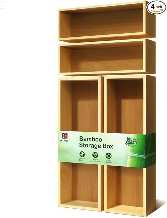 guiogc Bamboo Drawer Silverware Organizer, Set of 4 | Flatware Organizer, Large 14.2"x5"x2", Small 9.85"x3.55"x1.78", For Office, Bathroom Storage