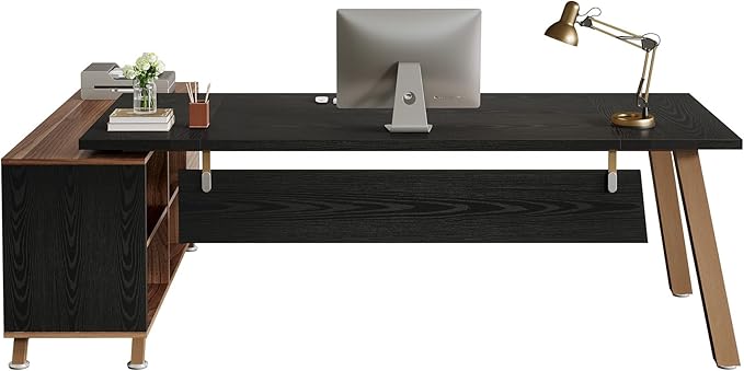 Tribesigns 78.7" L-Shaped Executive Desk, Modern Office Desk with File Drawers & Storage Shelves, Large Computer Desk with 55-Inch Cabinet, Business Workstation for Home Office, Black & Walnut
