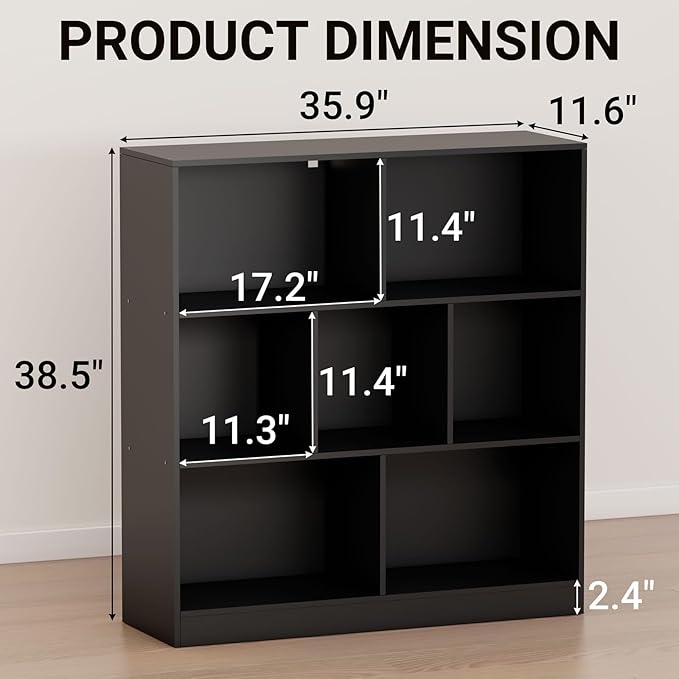 Black Bookshelf, Wooden Bookshelf with Base, Cube Storage Organizer, Bookcase for Living Room,Bedroom,Study and Office(Black, 7-Cube)