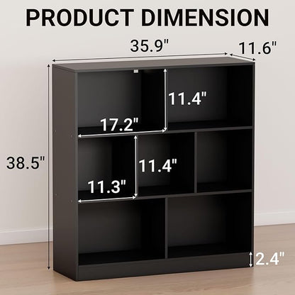 Black Bookshelf, Wooden Bookshelf with Base, Cube Storage Organizer, Bookcase for Living Room,Bedroom,Study and Office(Black, 7-Cube)