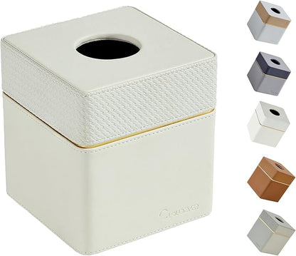 Cloudever Tissue Box Holder Cover Square, Modern PU Leather Decorative Tissue Cube Holder Organizer-Woven White