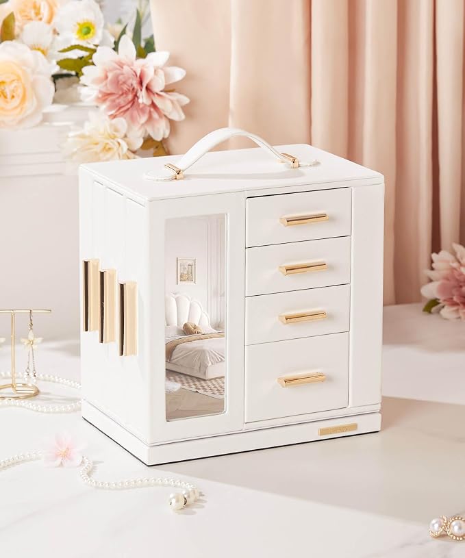 Homde Jewelry Box for Women Large: Rotating Organizer for Ring Earring Necklace Bracelet - 7 Drawers Storage for Dresser (White)