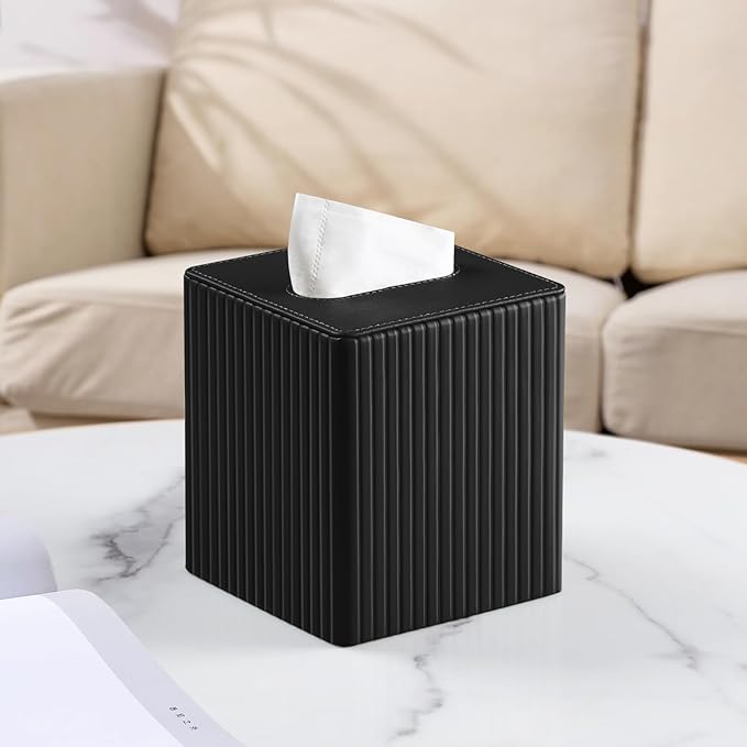 MEIBOOCH PU Leather Tissue Box Cover Square Tissue Box Holder with Magnetic Closure (Black Stripe)