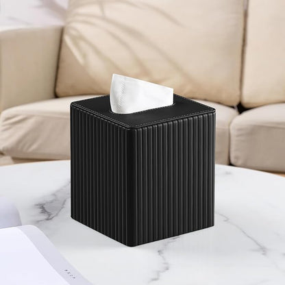 MEIBOOCH PU Leather Tissue Box Cover Square Tissue Box Holder with Magnetic Closure (Black Stripe)