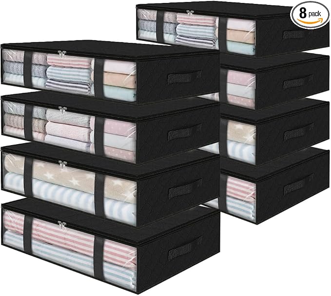 StorageRight Under Bed Storage Bags 8 Pack, 40L Large Clothes & Comforter Storage Containers with Clear Window, Breathable Fabric Organizer for Blankets, Bedding, Seasonal Clothing, Black