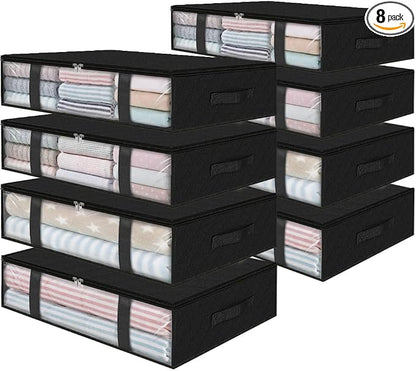 StorageRight Under Bed Storage Bags 8 Pack, 40L Large Clothes & Comforter Storage Containers with Clear Window, Breathable Fabric Organizer for Blankets, Bedding, Seasonal Clothing, Black