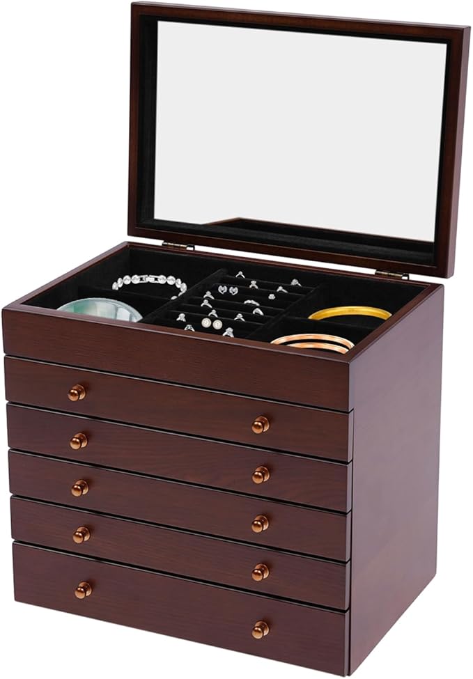 Wood Jewelry Box 6-Tier Large Jewelry Organizer Cabinet with 5 Drawers Women Girls Storage Display Case for Necklace Rings Earrings Accessories, with Mirror and Lock (With Mirror)