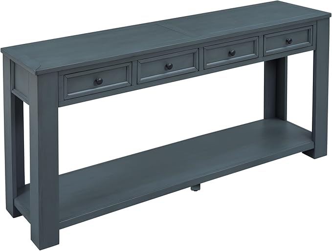 Knocbel Console Table with 4 Storage Drawers Bottom Shelf, Rustic Distressed Sofa Table for Entryway Hallway, Assembly Required, 63" W x 14" D x 30" H, Navy
