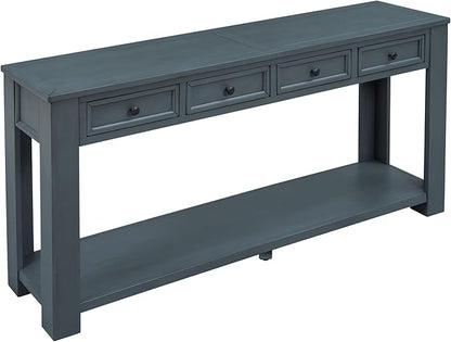 Knocbel Console Table with 4 Storage Drawers Bottom Shelf, Rustic Distressed Sofa Table for Entryway Hallway, Assembly Required, 63" W x 14" D x 30" H, Navy