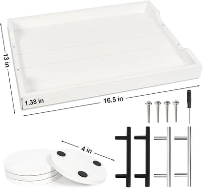 SXNOWS Coffee Table Tray - Large Ottoman Tray for Living Room - Wood Serving Tray with 2 Sets of Handles - Wooden Tray for Coffee Table, 4 Round Coasters Included, White