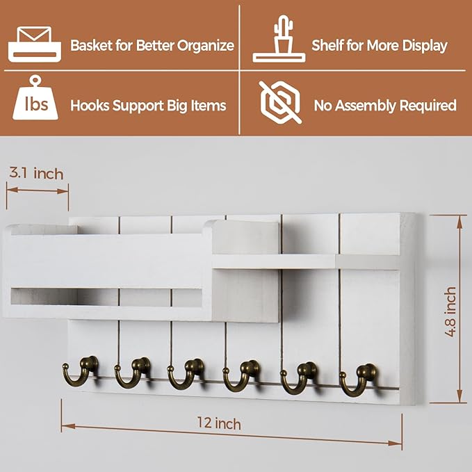 Key Holder Wall Mount - Key Hooks for Wall Decor Living Room - Wooden Key Hanger Rack and Mail Organizer with Shelf for Home Essentials - Modern Entryway House Decor Aesthetic