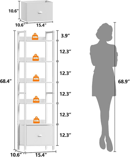 Furologee 6 Tier Bookshelf, Tall Shelf with Drawer, Wood and Metal Bookshelves Storage Organizer, Modern Display Shelving Unit for Bedroom, Living Room, Home Office, White