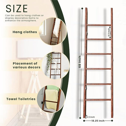 Decorative Foldable Wooden Blanket Ladder, 6-Tier Pine Wood Quilt Ladder 68" — Easy Assembly, Anti-Slip, Farmhouse Decor Rack Stand for Living Room, Bedroom Bathroom (Brown)