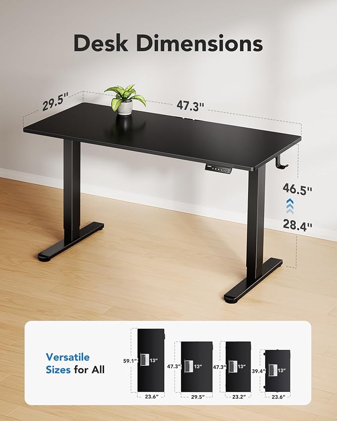 HUANUO Electric Standing Desk, Whole Piece Desktop, Adjustable Height Computer Desk, 4 Height Memory Settings, Sit Stand Up Desk for Home Office, 48" x 30", Black