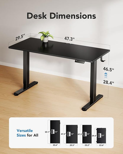 HUANUO Electric Standing Desk, Whole Piece Desktop, Adjustable Height Computer Desk, 4 Height Memory Settings, Sit Stand Up Desk for Home Office, 48" x 30", Black