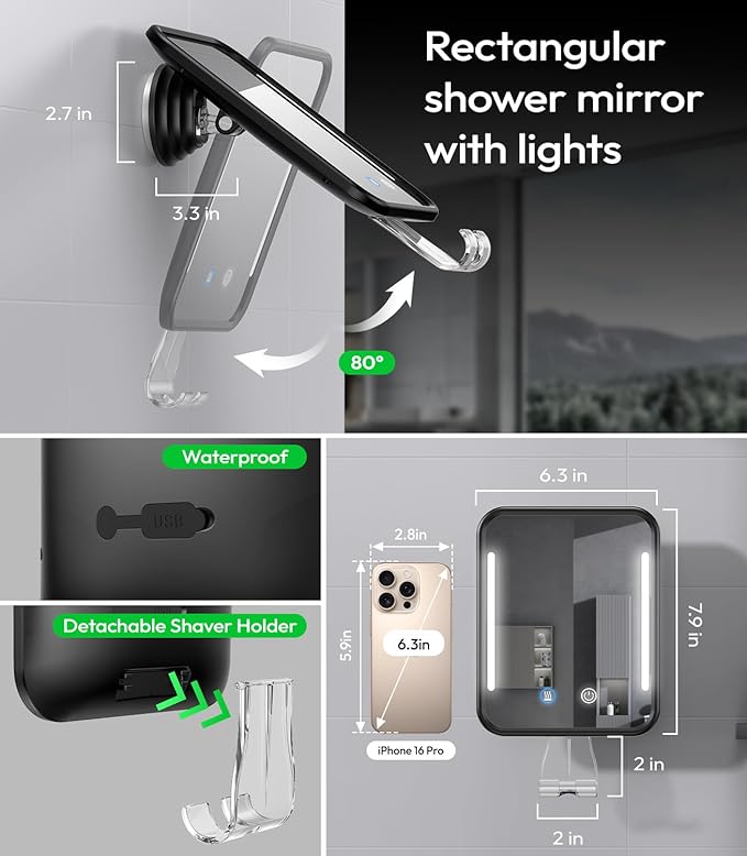 Lighted Shower Mirror Fogless for Shaving with Light, 5000mAh Heated Fogless Mirror for Shower, Detachable Razor Holder and Suction Cup for Wall, NO-Drilling, Waterproof for Bathroom (Black)