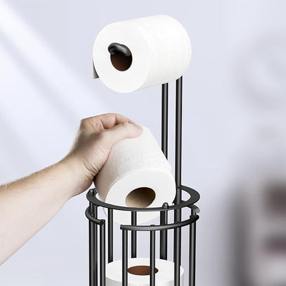 Meangood Toilet Paper Holder Stand and Tissue Paper Roll Dispenser for 4 Mega Rolls, Bathroom Free Standing Tissue Roll Storage Holder Rack, Detachable (Matte Black)