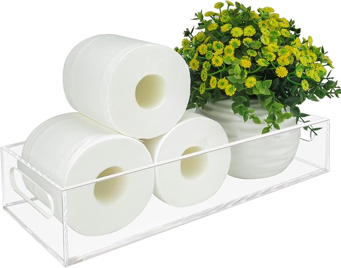 Tasybox Toilet Paper Holder with Storage, Acrylic Toilet Tank Tray, Clear Bathroom Trays with Handles Vanity Tray for Home Decor