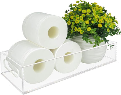 Tasybox Toilet Paper Holder with Storage, Acrylic Toilet Tank Tray, Clear Bathroom Trays with Handles Vanity Tray for Home Decor