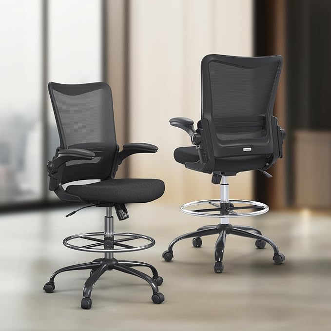 Ergonomic Drafting Chair for Standing Desk, Tall Office Chair with Height Adjustable Arms & Foot Ring, High Back Mesh Counter Stool with Rocking Function