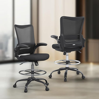 Ergonomic Drafting Chair for Standing Desk, Tall Office Chair with Height Adjustable Arms & Foot Ring, High Back Mesh Counter Stool with Rocking Function