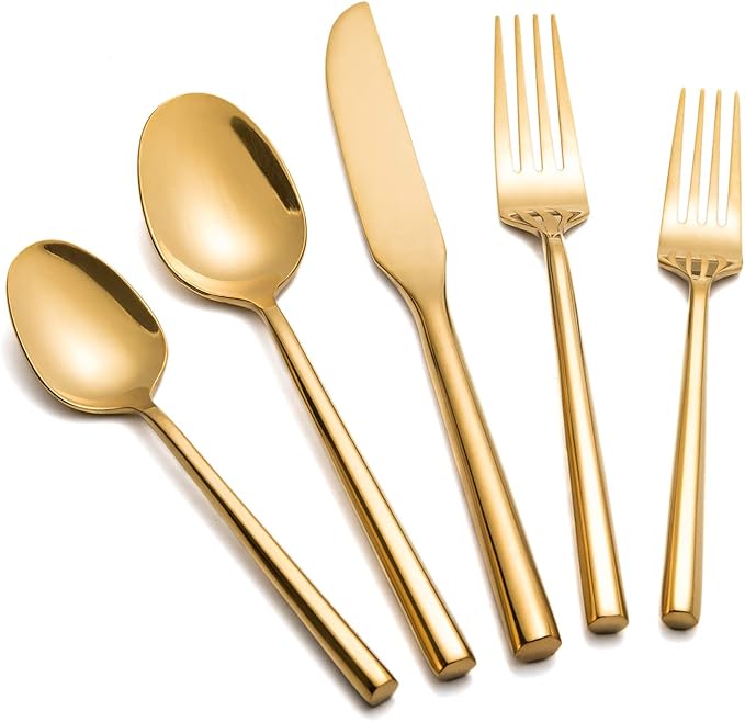 Kelenfer Silverware 45-Piece Gold Flatware Set with Serving Utensils Stainless Steel Thick Heavy Mirror Polished Cutlery Set for Wedding Hotel Restaurant, Service for 8