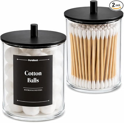 Glass Qtip Holder Dispenser Set - 15oz & 10oz Cotton Swab Holder with Black Wooden Lids, Apothecary Jar Bathroom Storage Canisters for Cotton Balls, Floss Picks, Vanity Organizer Container (2 Pack)