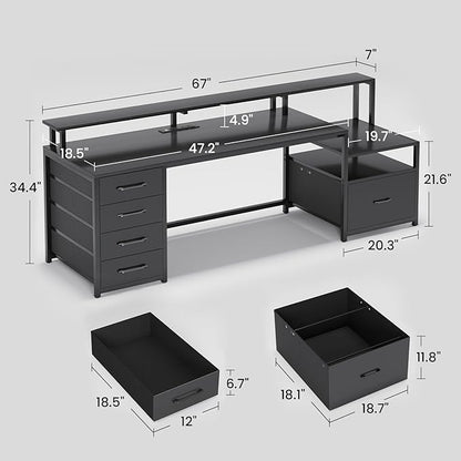 SEDETA Computer Desk with 5 Drawer, Power Outlet & Led Lights, 66'' Home Office Desk with File Drawer, Storage, Monitor Shelf, Gaming Desk, Black
