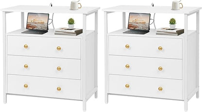 3 Wooden Drawers Nightstand, 27 Inch Wide Night Stand Set 2 with Charging Station and Adjustable Drawers, Small Dresser for Closet, Bedside Table for Living Room/Bedroom/Office, White.
