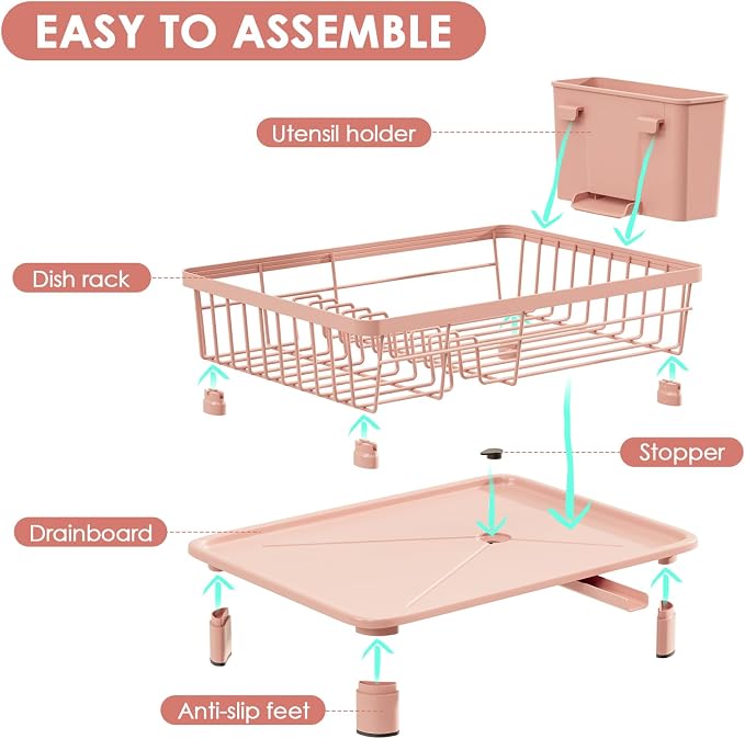 GAOKASE Dish Drying Rack, Stainless Steel-Dish Rack, Dish Racks for Kitchen Counter, Kitchen Dish Drainers with Removable Utensil Holder,New Drain Outlet,Plate Rack and Drainboard,(Pink-11 W x 15" L)