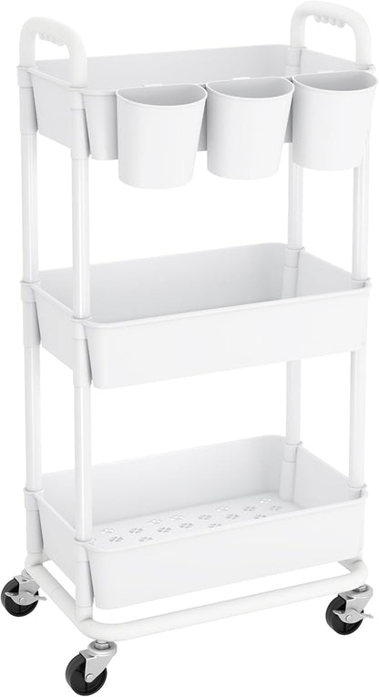 JIUYOTREE 3-Tier Plastic Rolling Storage Cart Utility Cart with Extra Hanging Cups Handles Lockable Wheels for Living Room Bathroom Kitchen Office White