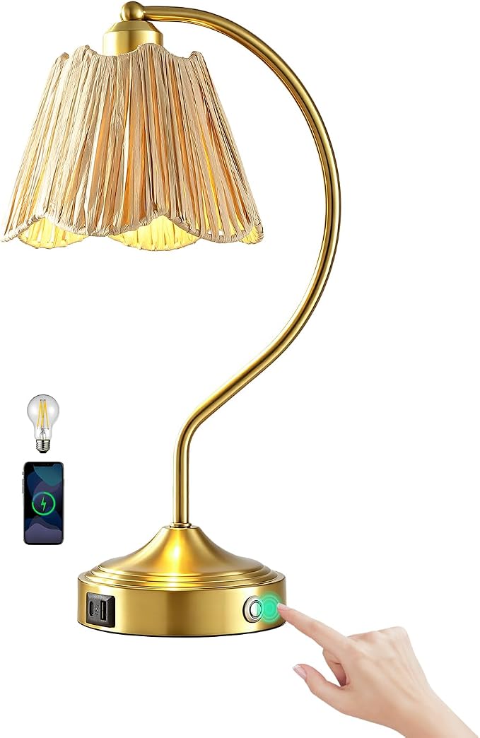 Boho Rattan Touch Small Table Lamps USB C+A Ports | Retro Rattan Shade, 3-Way Dimmable Farmhouse Lamp for Bedroom Living Room Entryway Office, LED Bulbs Included