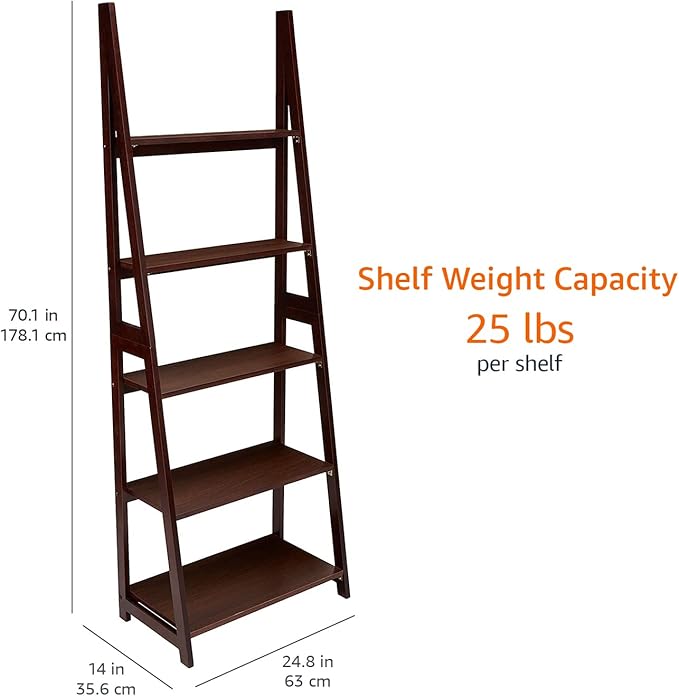 Amazon Basics 5-Tier Ladder Bookshelf Storage Organizer, Tall Bookcase for Small Space, Solid Rubberwood Frame, Modern Display Shelf, Espresso Finish, 14" D x 24.8" W x 70.1" H