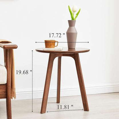 Round Side Table - 100% Natural Solid Oak Wood - 3 Legs Wood End Table for Living Room - Easy Assembly, Elegant Round End Table - Eco-Friendly Painted Small Side Table (Colour: Walnut)