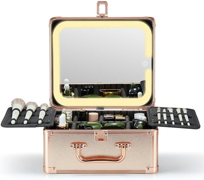 Qislee Makeup Box with A Detachable Lighted Mirror, Waterproof Travel Train Case, Cosmetic Organizer and Makeup Suitcase with Adjustable Dividers, Magnetic LED Mirror(Rose Gold)