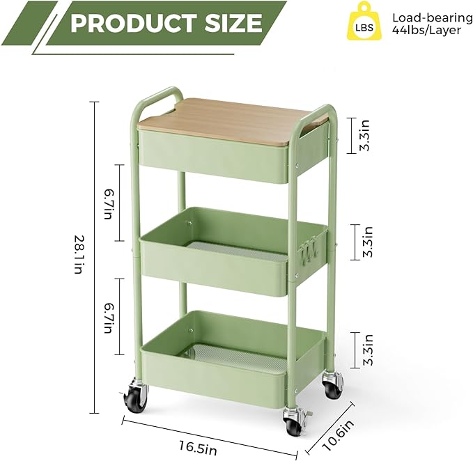 johgee 3 Tier Rolling Cart with Table top, Metal Rolling Utility Cart, Sturdy Storage Organizer Cart with Locking Wheels & Hooks for Office, Classroom, Kitchen and Bathroom