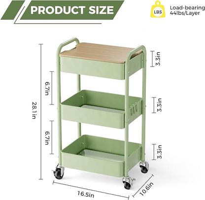 johgee 3 Tier Rolling Cart with Table top, Metal Rolling Utility Cart, Sturdy Storage Organizer Cart with Locking Wheels & Hooks for Office, Classroom, Kitchen and Bathroom