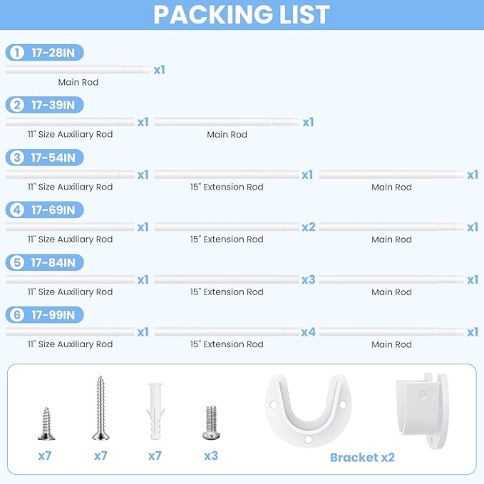 3 Pack Closet Rods for Hanging Clothes, 17 to 28 Inch Heavy Duty Stepless Adjustable Closet Hanging Rod, 1.3 Inch Diameter Metal Closet Rod for Wardrobes Laundry Bedroom RV, White