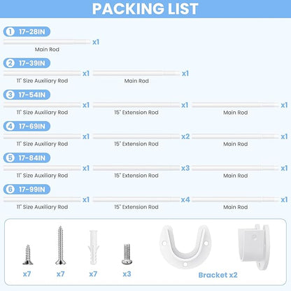 Closet Rods for Hanging Clothes, 17 to 84 Inch Heavy Duty Stepless Adjustable Closet Hanging Rod, 1.3 Inch Diameter Metal Closet Rod for Wardrobes Laundry Bedroom RV, White