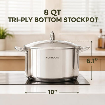 Sunhouse 8 Quart Stock Pot with Lid - 3-Ply Base Stainless Steel Cooking Pot - 8 QT Canning Dutch Oven Stock Pots - Oven Safe & Induction Cookware