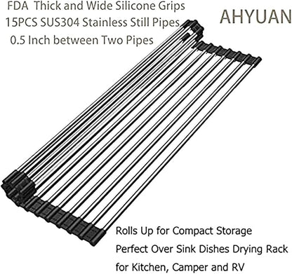 Ahyuan Roll up Dish Drying Rack Over The Sink Kitchen Roll up Sink Drying Rack Stainless Still Portable Drainer Foldable Dish Rack (Black, 17.8''X11.8'')