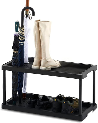 Cinnvoice 2 Tier Boot Shoe Organizer Rack with Umbrella Holder Plastic Waterproof Shoe Mat for Entryway Indoor Outdoor, 28 x 14.5 x 14.5 Inches
