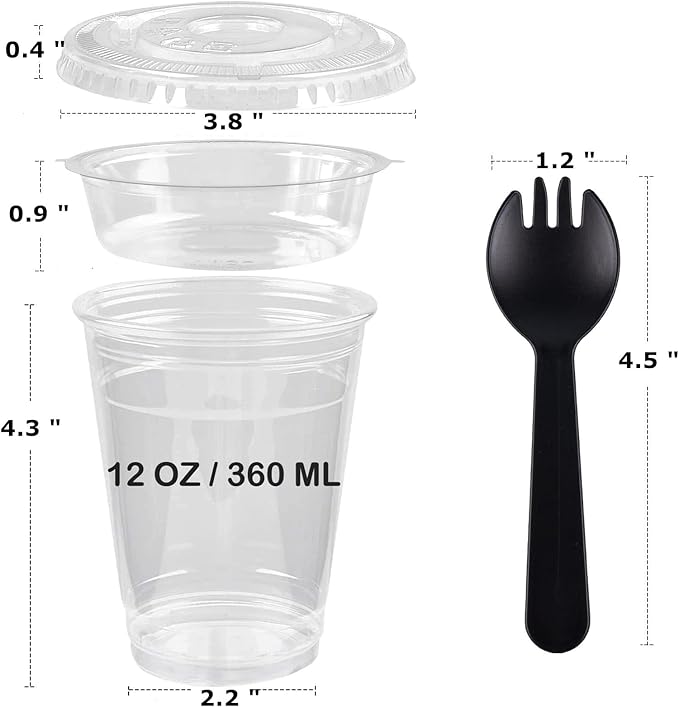 Zezzxu 50 Pack 12 oz Disposable Parfait Cups with Lids No Hole, Toppings Compartment and Spork, Yogurt Conatiner with Granola Holder for Take Away Breakfast and Snacks, No Leaking