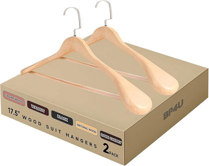 2-Pack Premium Wide Shoulder Wooden Suit Hangers, 17.5" Heavy-Duty Solid Wood Coat Hangers with Pant Bar for Men's Heavy Garments, Blazers, Jackets (Natural Wood)