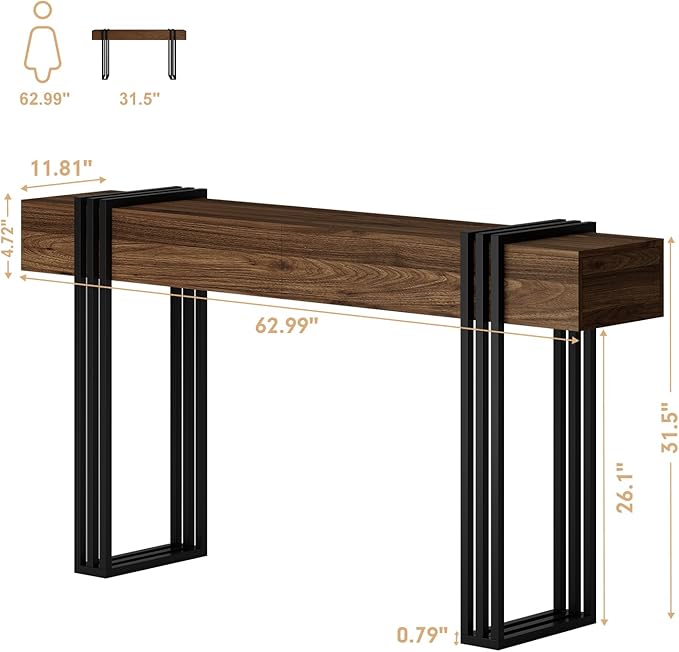 63 Inch Console Table for Entryway, Industrial Sofa Tables Couch Table Behind Sofa for Living Room Hallway Foyer, Walnut