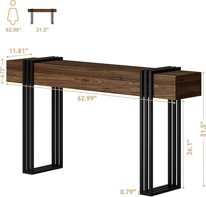 63 Inch Console Table for Entryway, Industrial Sofa Tables Couch Table Behind Sofa for Living Room Hallway Foyer, Walnut