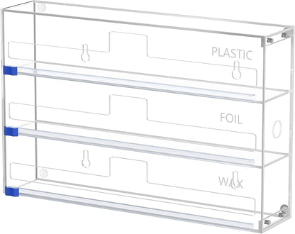 Kitchen Wrap Organizer, Foil and Plastic Wrap Organizer 3 in 1 with Sliding Cutter, Acrylic Wrap Dispenser for Drawer or Wall Mount, Fits 12 Inch Rolls